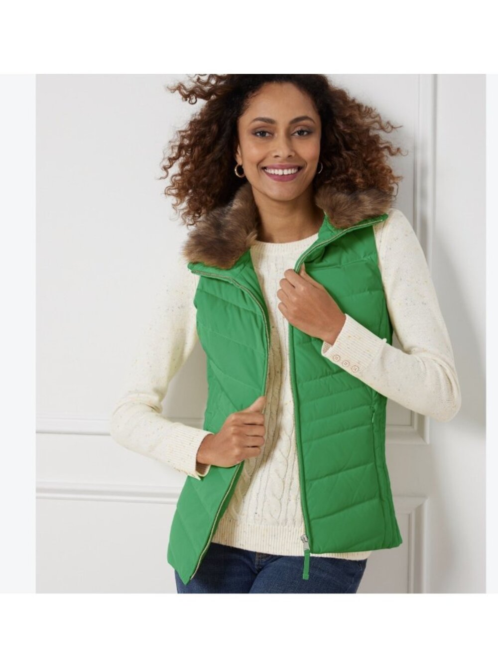 Talbots Green Puffer Vest removable Faux Fur Trim Collared down filled Women L